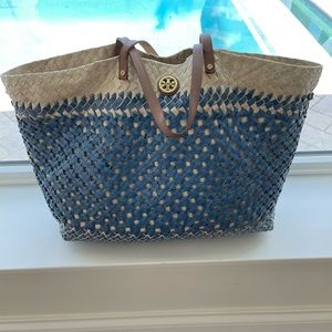 TORY BURCH COBALT STRAW BEACH TOTE BAG XL SIZE